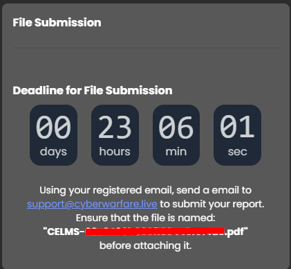 Report submission — filename format CELMS-ID.pdf with specific email subject