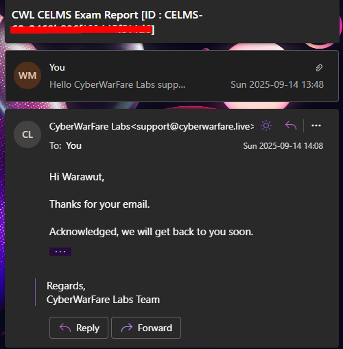 Acknowledgement email received 20 minutes after submission — on a Sunday