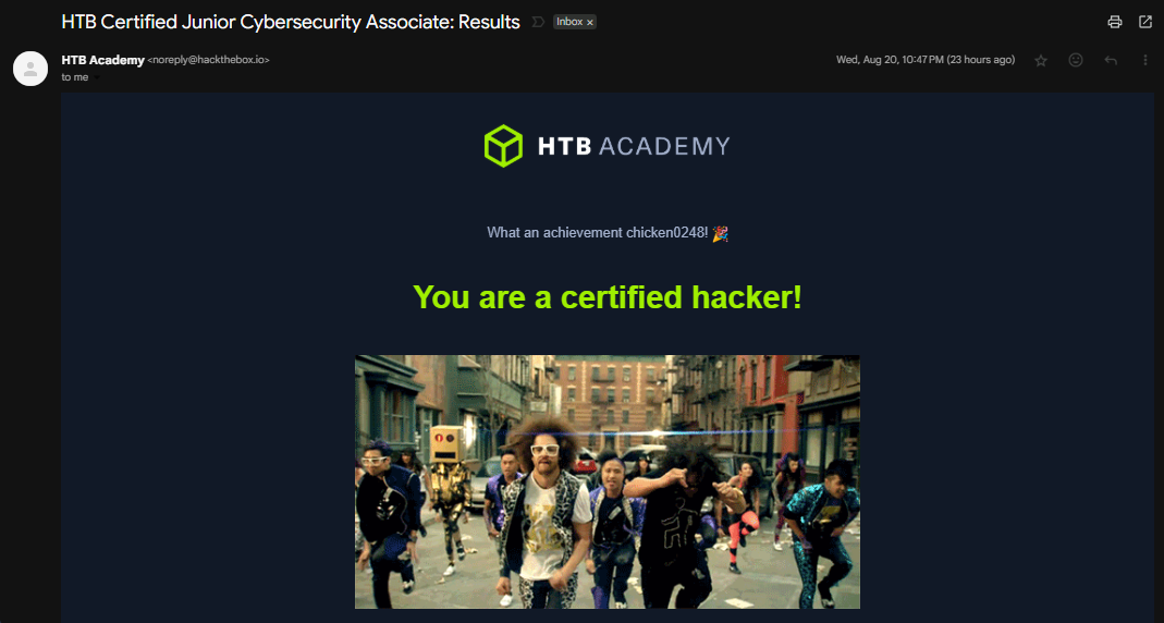 Email from HackTheBox — CJCA result notification