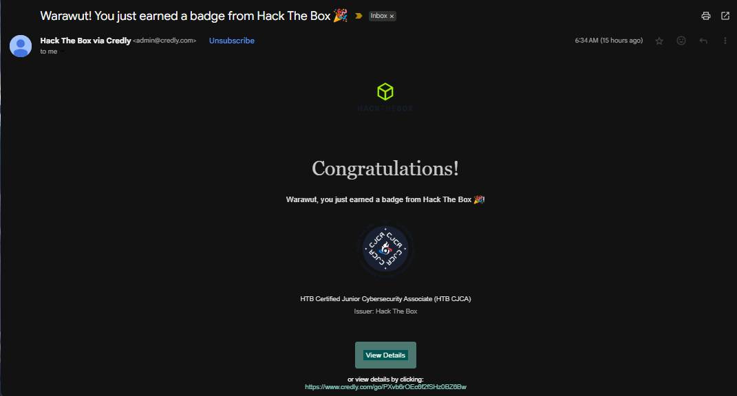 Badge email from HackTheBox