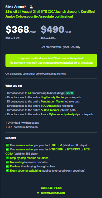 HTB Silver Annual subscription — includes CJCA voucher