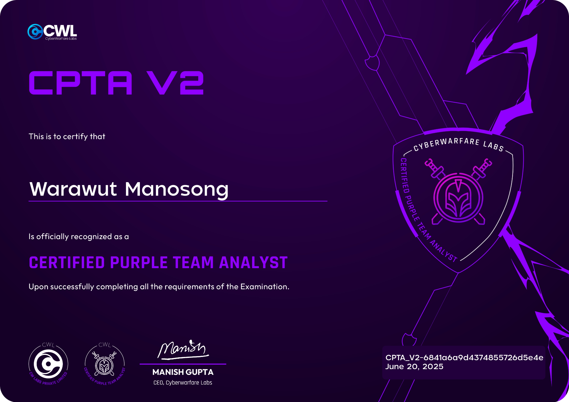 CyberWarFare Labs Certified Purple Team Analyst v2 (CPTA)