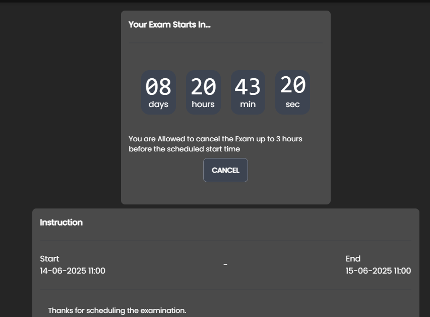 Exam countdown timer and pre-exam information on the portal
