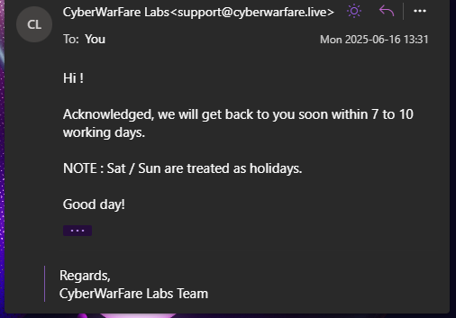 Report submission acknowledgement email