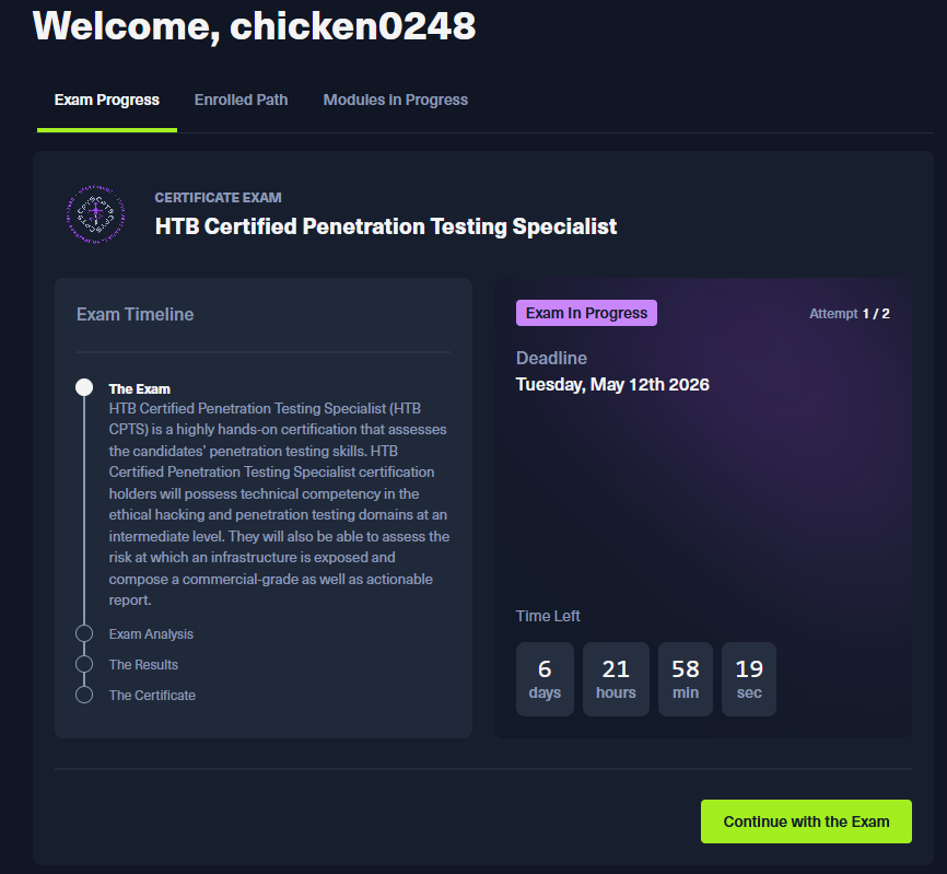 CPTS exam portal start screen