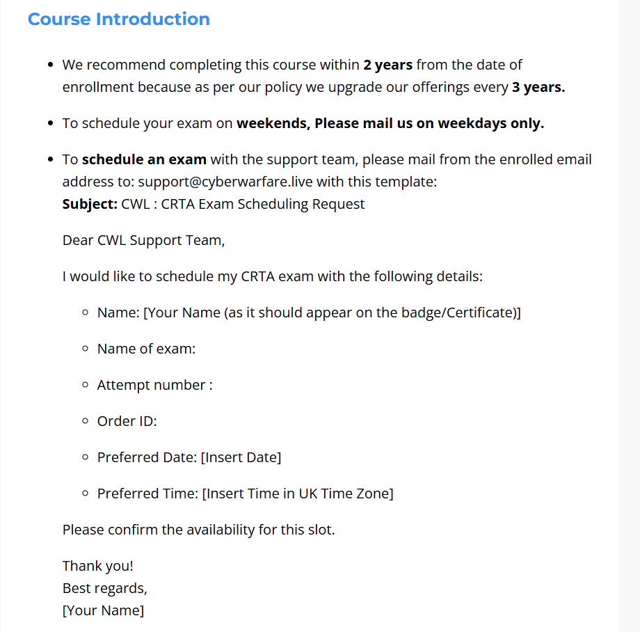CyberWarFare Labs email template for scheduling the CRTA exam