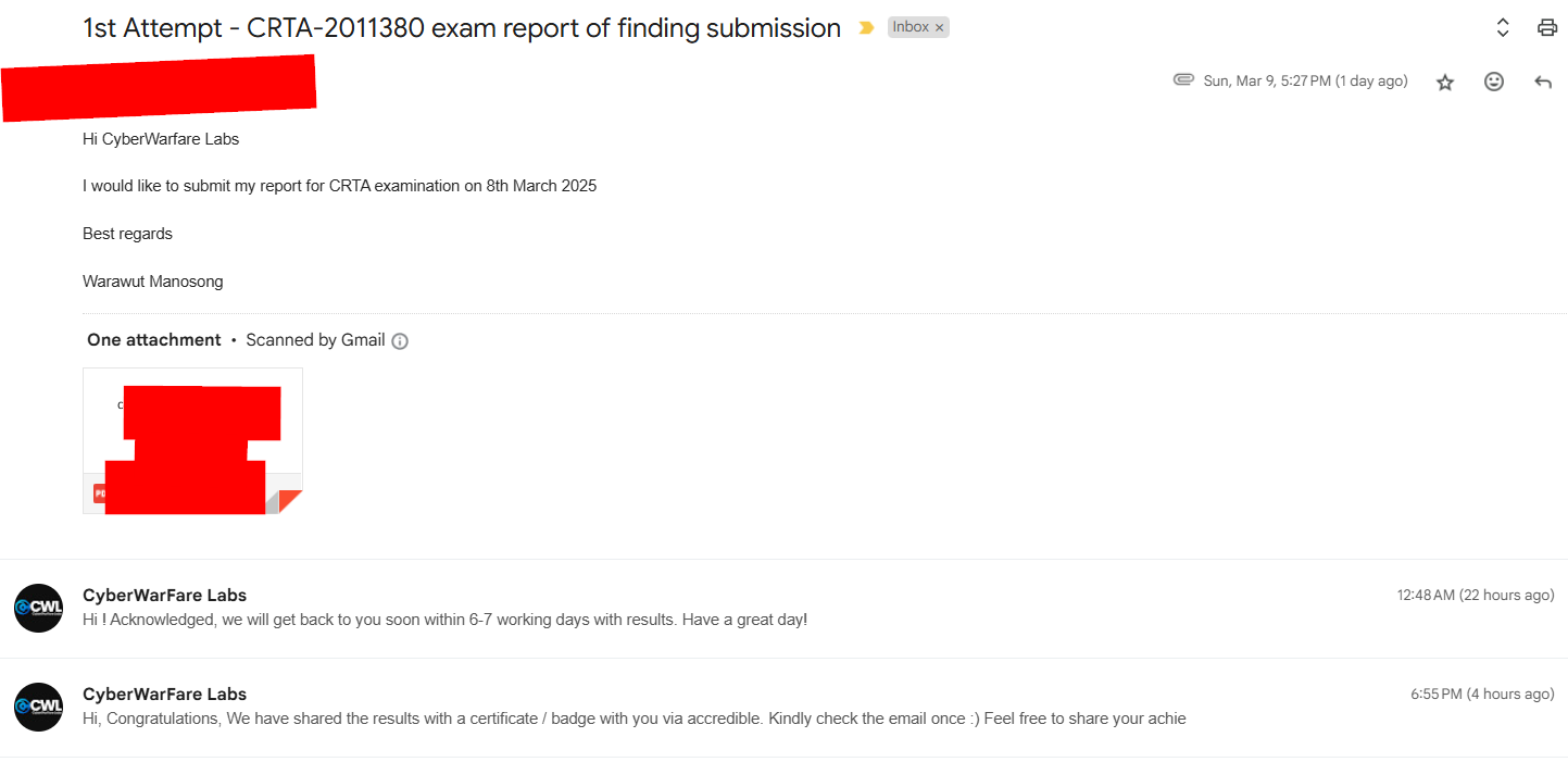 Email acknowledging receipt of the exam report