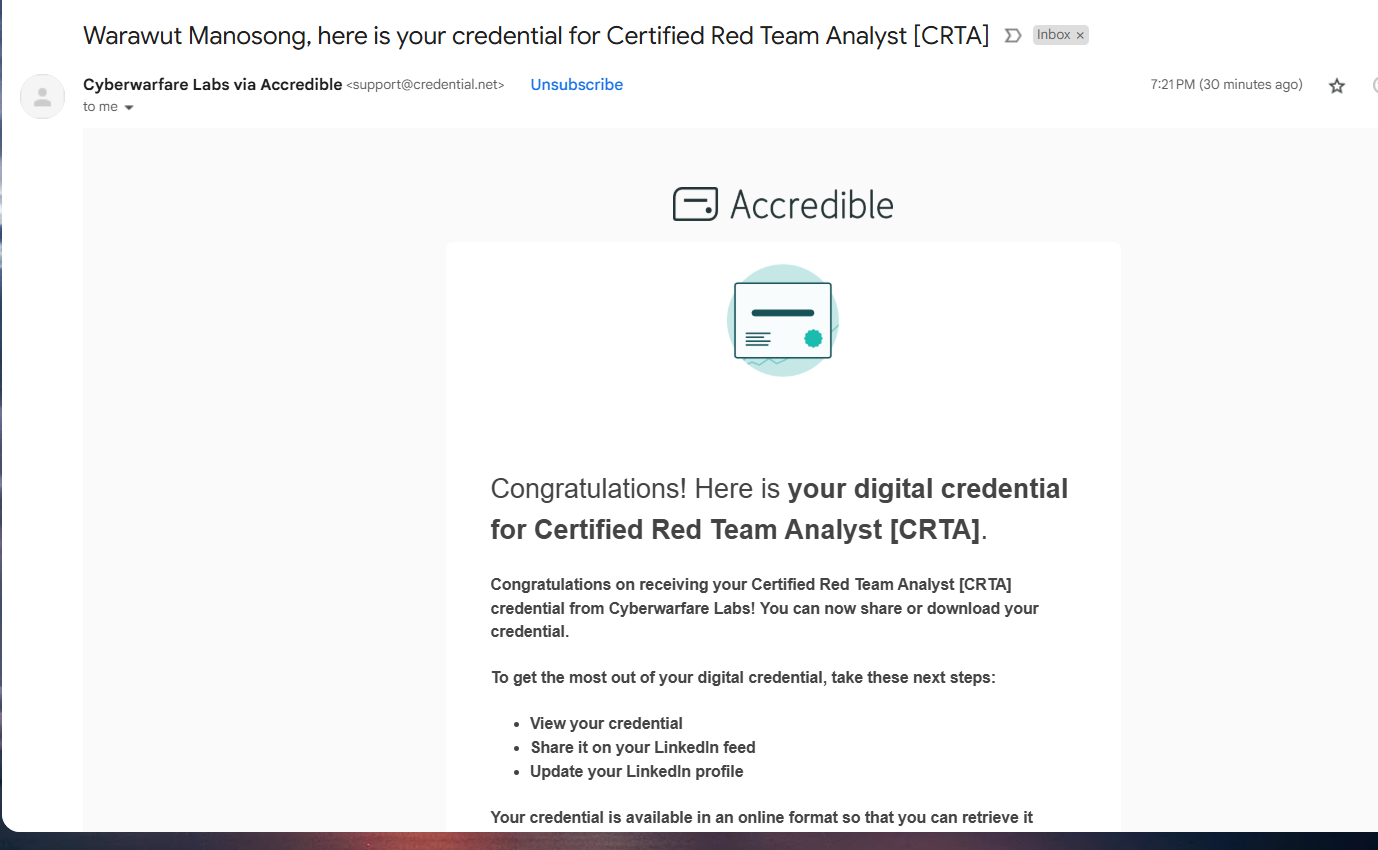 Pass notification and certificate issued via Accredible