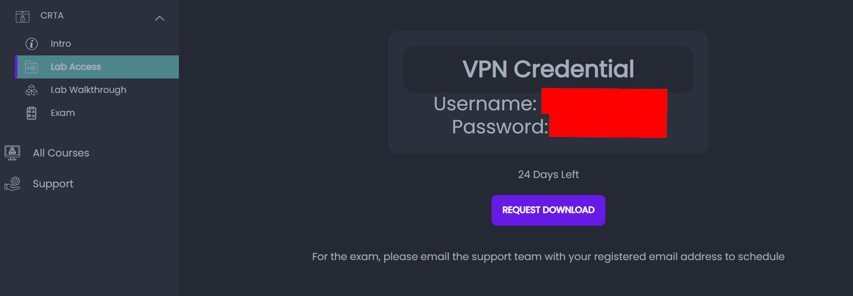 Lab access request page — 30-day window, OpenVPN required