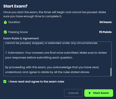 CSOA exam portal showing exam start