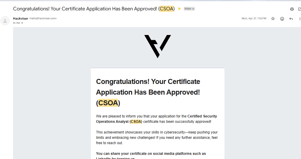 CSOA certificate issued on April 27th 2026