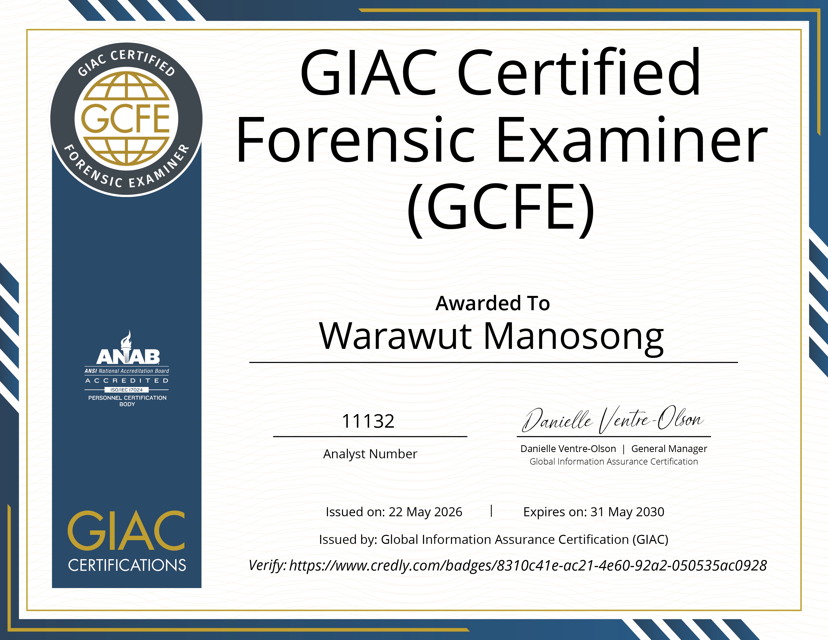 GIAC Certified Forensics Examiner (GCFE) Certificate