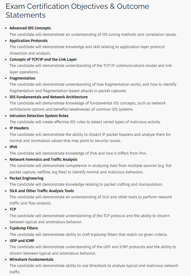 GIAC GCIA certification objectives and outcome statements page