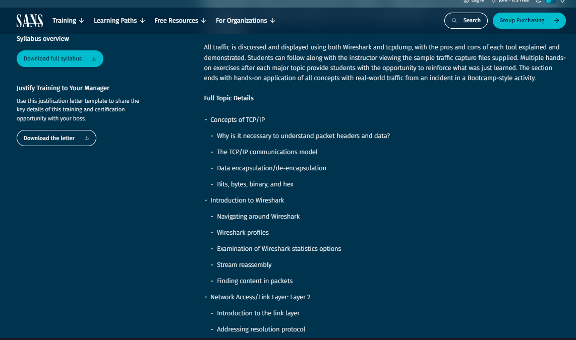 SANS SEC503 Network Monitoring and Threat Detection course page