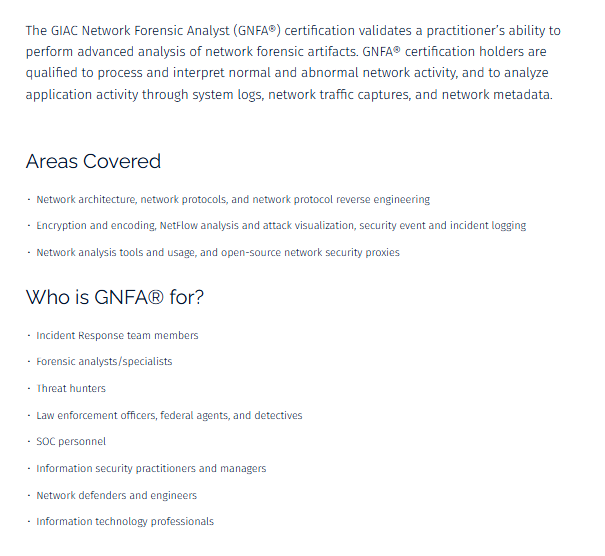 GIAC GNFA certification description on the official exam page