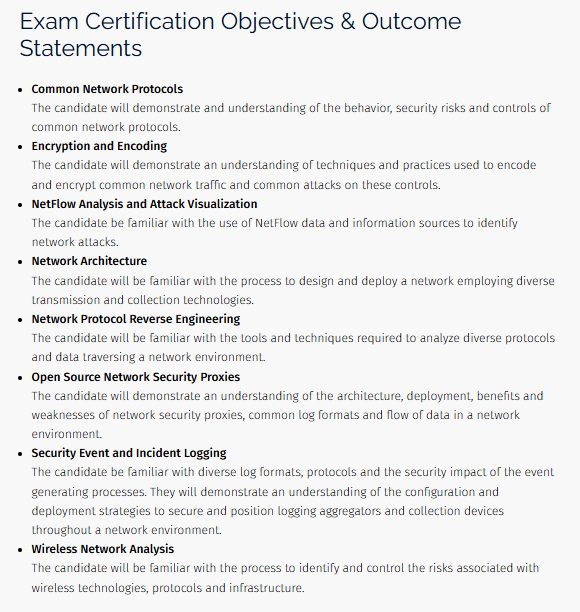 GNFA exam objectives and outcome statements