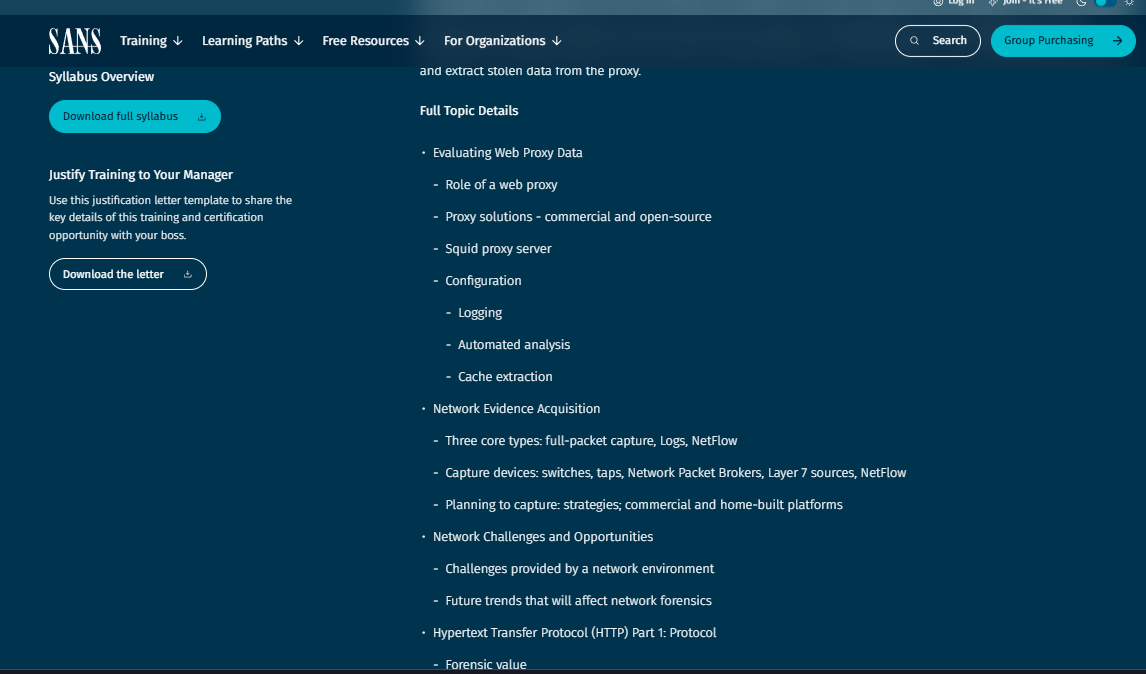 SANS FOR572 course page with the full topic details