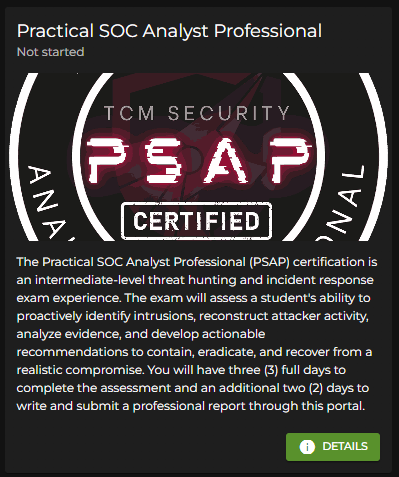 PSAP exam portal — exam details and timer