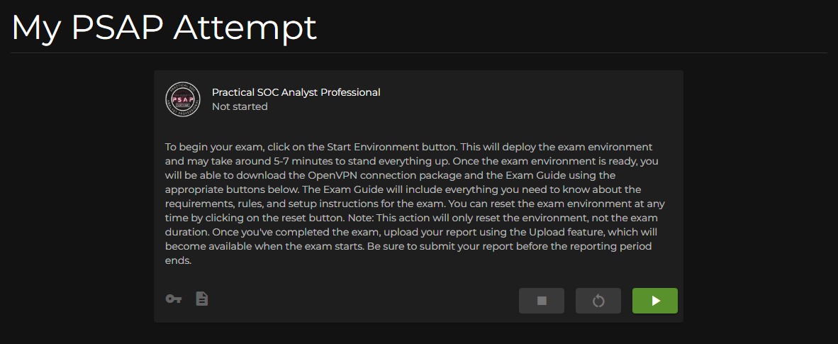 PSAP exam details page with start button