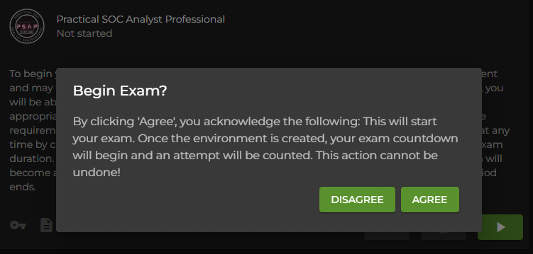 Exam start confirmation window