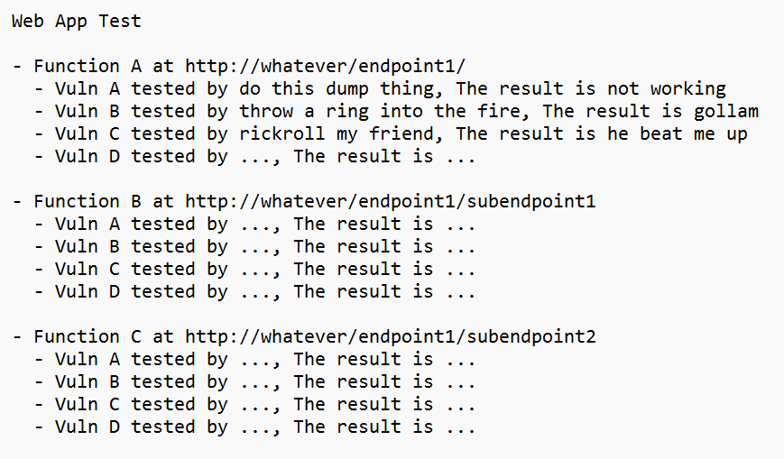 Example functionality list for systematic web app testing