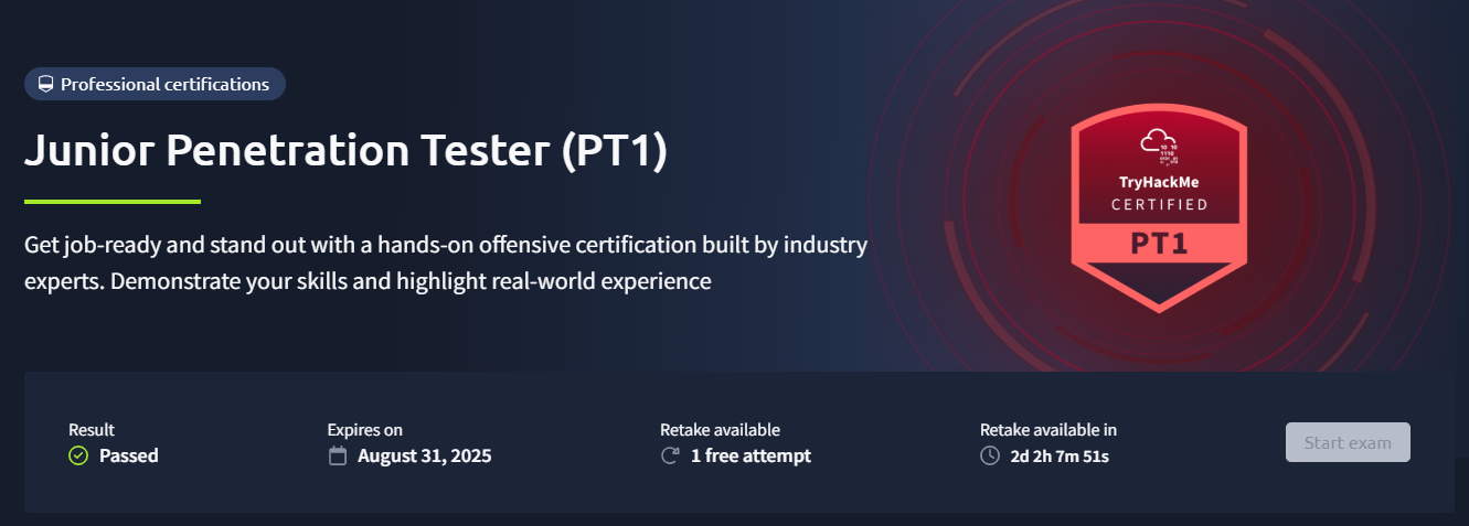 TryHackMe PT1 free exam package details
