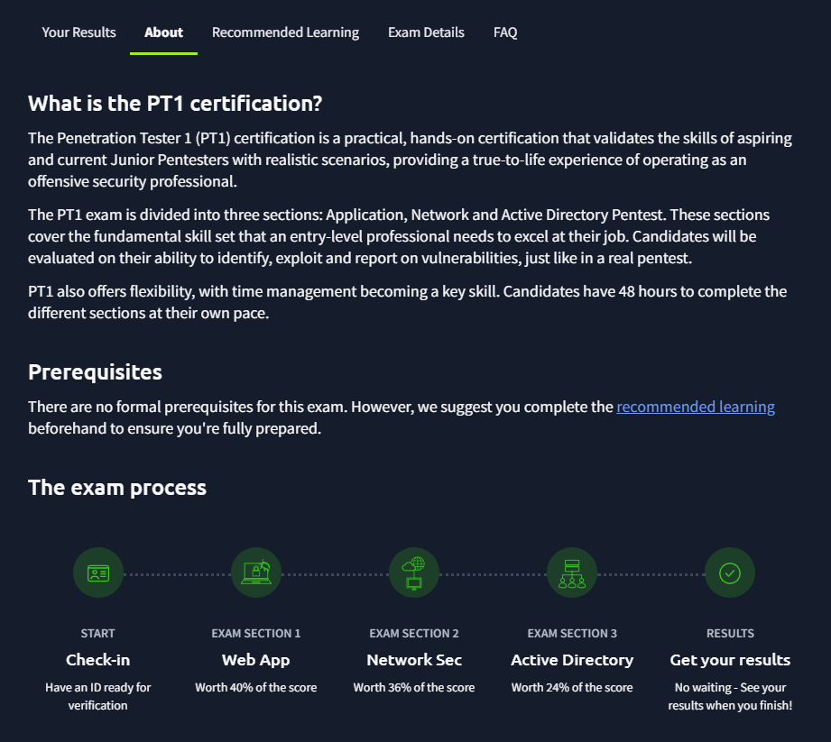 TryHackMe PT1 exam details page