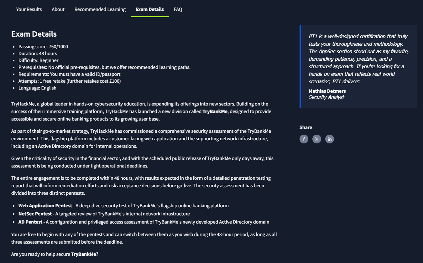 TryHackMe PT1 exam structure overview