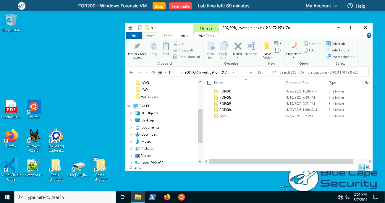 Shared lab directory with artifacts from all four scenarios