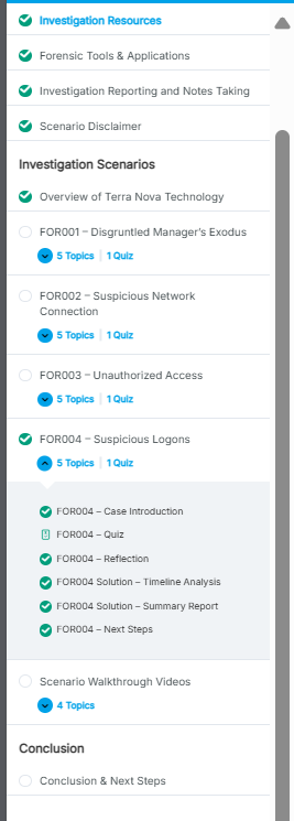 FOR200 scenario course structure with case information and quiz