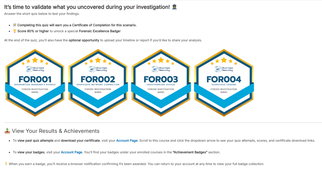 Badge and certificate awarded after completing each FOR200 scenario quiz