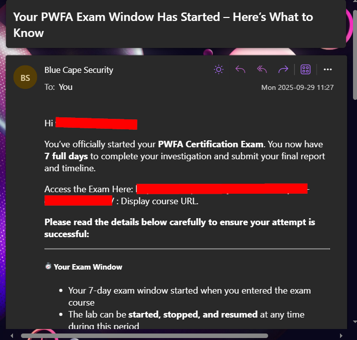 Exam confirmation email with instructions and exam objectives