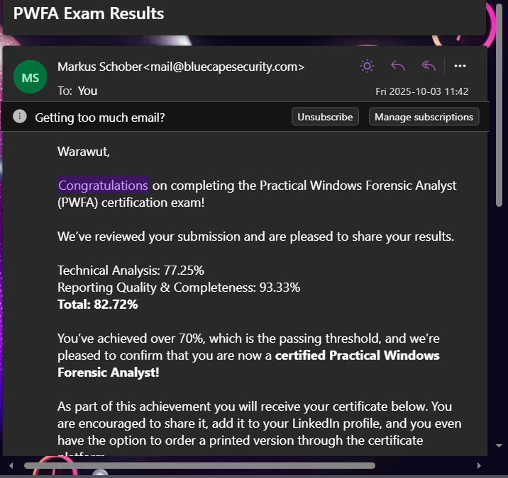 Exam result email received on Friday
