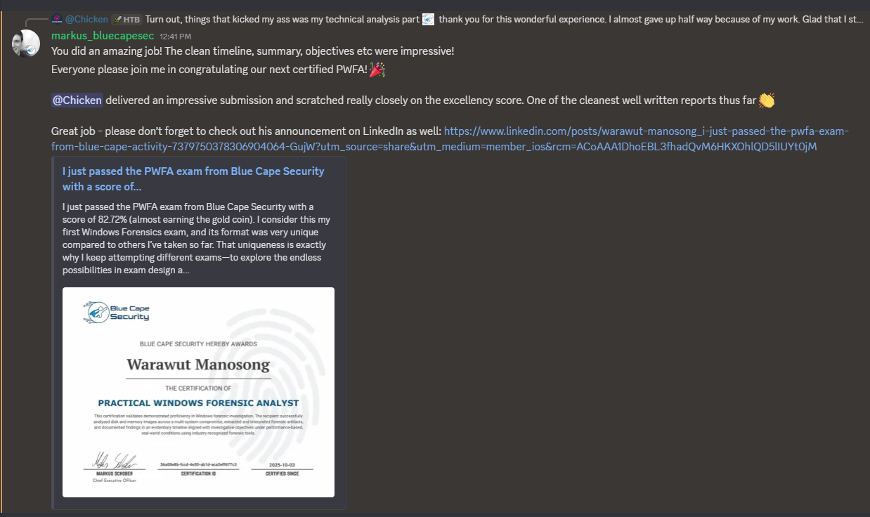Markus congratulating on Blue Cape Security Discord