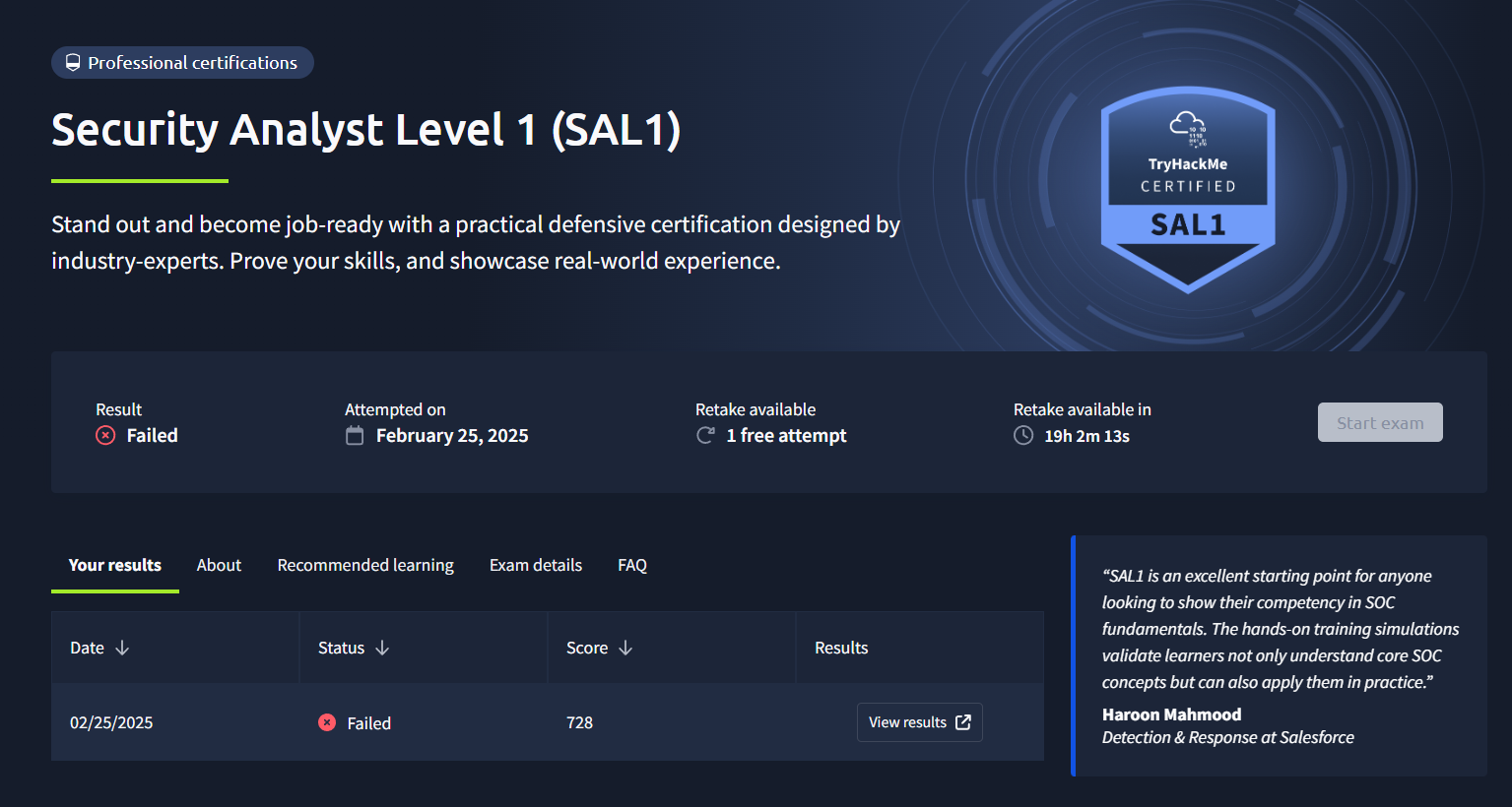 SAL1 3-day cooling period before retake