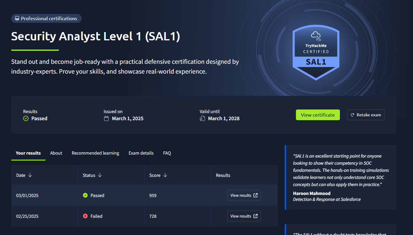 SAL1 certificate issued with expiration date