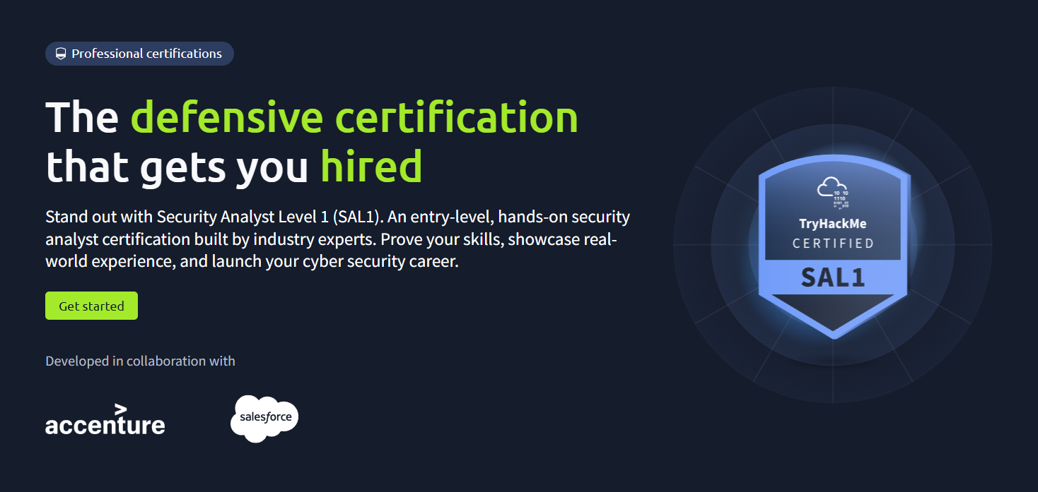 TryHackMe SAL1 marketing — 'The defensive certification that gets you hired'